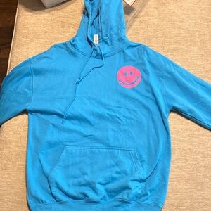 Blue Hoodie with Pink Smiley Face